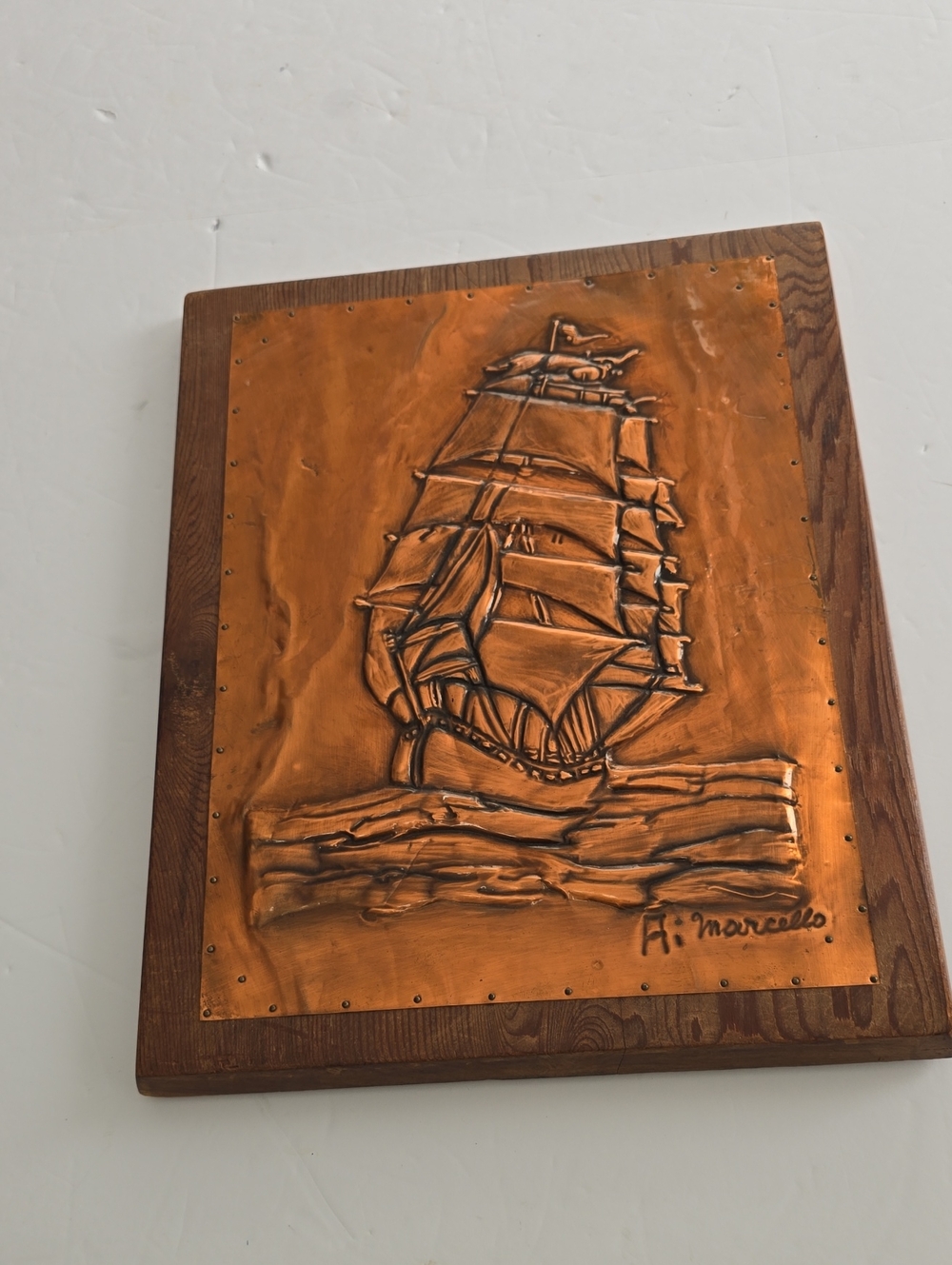 Vintage Sailboat Copper Relief Wall Plaque Mounted On Wood 3D Art Signed